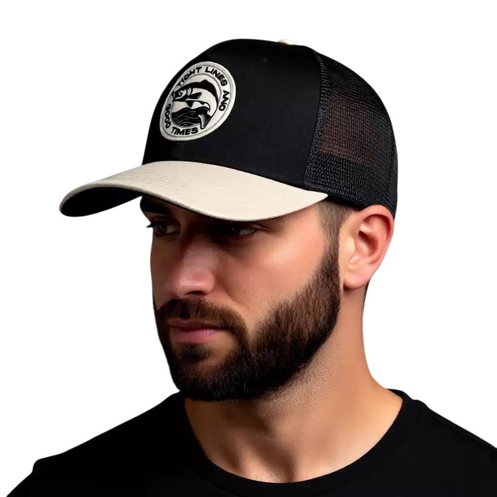 Capture Mens Tight Lines & Good Times Fishing Trucker Hat Black Tan Snapback NWT